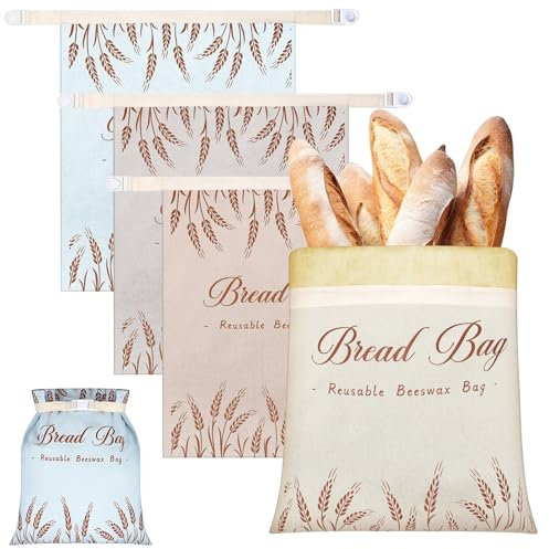 Bulyoou 4 Stück Bienenwachs-Brotbeutel mit Reißverschluss, wiederverwendbar, Brotaufbewahrungsbeutel, 30,5 x 43,2 cm, großer Brotbehälter, Brot-Zubehör für hausgemachtes Brot, Laib, hält frische