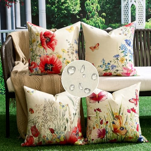 Federe Cuscini Divano Esterno Impermeabile Fodera Cuscino 40x40 Primavera Estate Fiore Farfalla Lino Copricuscini Decorativi per Giardino Soggiorno Camera da Letto Sedia Auto Maison Set di 4