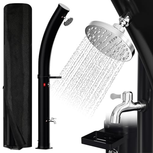 Eulenke Doccia solare 35L Curva per giardino con soffione a pioggia 360° e rubinetto, acqua calda max. 60℃, senza collegamento elettrico, doccia per piscina con copertura protettiva, scatola di sapone