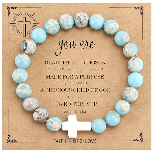 VIBILIA Cross Beaded Bracelets for Women, Boho Bracelets, Inspirational Agalmatolite Cross Bracelet for Women, Christian Gift for Mom Wife Sister Friend on Birthday Valentine's Day Easter Mother's Day