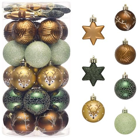 Valery Madelyn Weihnachtskugeln 35 Stücke 5cm Kunststoff Christbaumkugeln mit Aufhänger Weihnachtsbaumschmuck für Weihnachtsdeko Wald Thema Kupfergold（Bronze Grün）