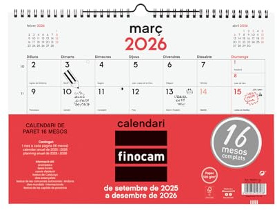 Finocam - Calendario Neutro Pared 16 Meses 2025 2026 Mes Vista Septiembre 2025 - Diciembre 2026 (16 meses) Neutro Catalán