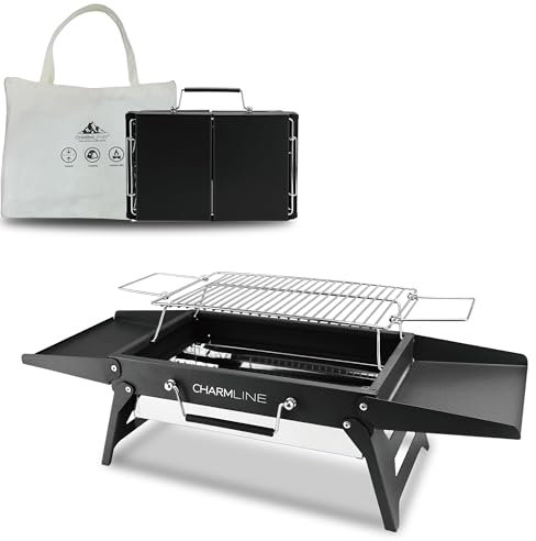 Charmline 51x35cm Griglia a Carbone Portatile Pieghevole, Barbecue Carbonella PortatileCompatta per Uso Esterno, Griglia BBQ per Campeggio, Picnic, Giardini e Feste in Spiaggia, Nero, Max