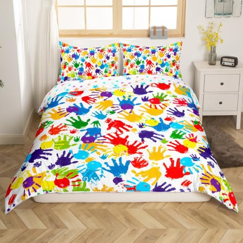 Feelyou Cute Handprint Bedding Set Kids Boys Girls Watercolor Rainbow Duvet Cover Twin Size Modern Comforter Cover Colorful Hand Shapes Abstract Decoration