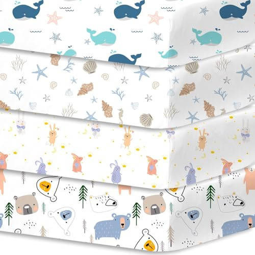 LGL Bettlaken für Babybett, 4-teilig, 60 x 120 cm, 100 % Mikrofaser, atmungsaktiv, Öko-TEX zertifiziert, Matratzenschoner, abnehmbar und waschbar, niedliche Motive für Wiege und Babymatratze (Tierpark