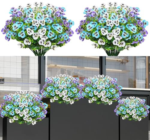 9 Bundles Pansies Artificial Flowers,Artificial Plants Outdoor UV Resistant Plastic Fake Flowers,Artificial Outdoor Plants and Flowers,plastic flowers for outdoors for Garden Wedding Home Balcony