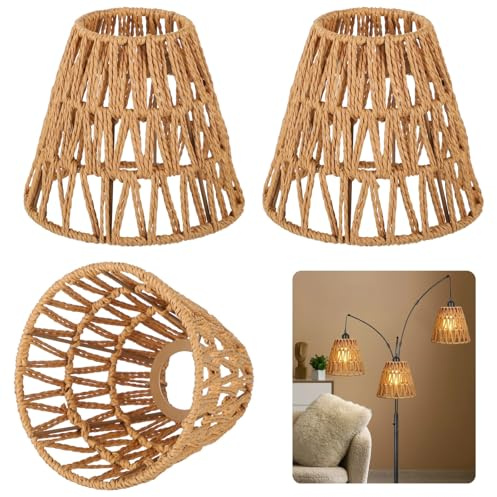 3 PCS E27 Rattan Lamp Shade,Bell Woven Wicker Lampshades Replacement,Paper Rope & Metal Frame,Bohemian Style Light Shade Replacement for Table Lamps,Pendant Lights,Wall Lights