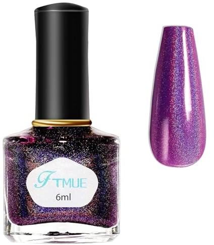 Holographic Dark Purple Nail Varnish - Glitter & Sparkly Chrome Nail Polish - Quick Dry Nail Polish - Colour Changing Metallic Shimmer Iridescent Laser Effect - No Need Lamp Cure High Glossy