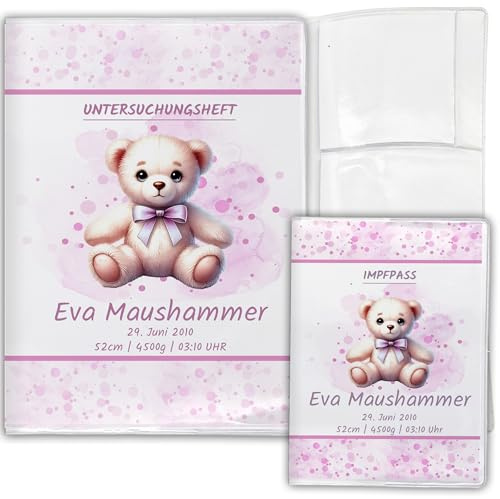 Personalisierte U-Heft Hülle & Impfpasshülle Set, Bär rosa | 3-Teilig