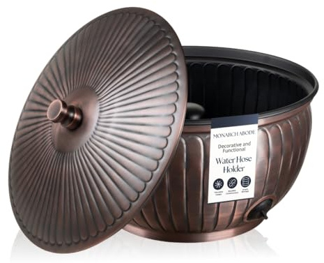 Monarch Abode Decorative Garden Hose Holder with Lid, Antique Copper Storage for Outdoor Use, 100 ft Water Hose Pot for Outside, Arch Embossed Metal Pot with Drainage, Garden Storage Organizer