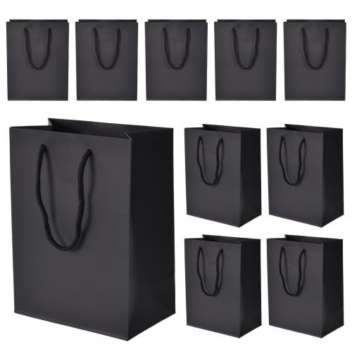 10 Stück Geschenktüte Papiertüten mit Henkel Schwarz Kraftpapiertüte Wiederverwendbare Tragetasche mit Griff für Weihnachten Party Geburtstag Hochzeit Einkaufen DIY Adventskalender (25 X 13 X 32 cm)