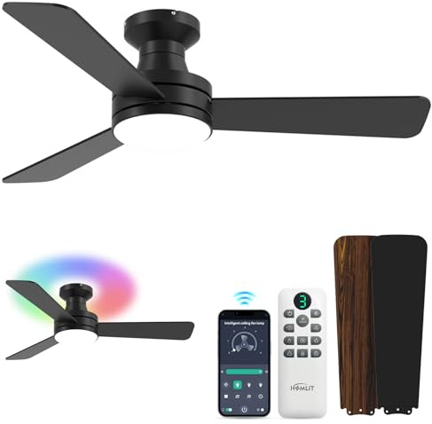Homlit 42 inch RGB Ceiling Fan with Light, Smart App & Remote Control Low Profile Flush Mount, Music Sync Lighting, 6-Speed Quiet Reversible DC Motor, 4CCT Dimmable for Home Office Party,Black