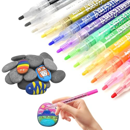 WEFINEST 15 Stück Flache Steine Zum Bemalen 3–5 cm Kieselsteine Zum Bemalen | Steine Bemalen Set mit 12 Acrylmarkern Glatte Malsteine Für Bastelarbeiten, Wohnkultur und Gartendekoration