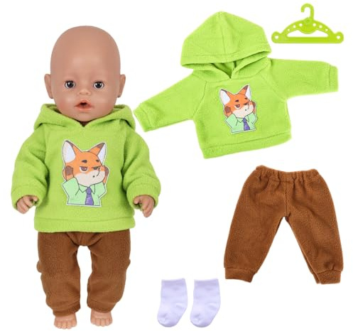 Puppenkleidung für 30-45 cm Baby Puppen Enthält 1 Fox Hoodie 1 Graue Hose 1 Braune Hose 1 Paar Weiße Socken 1 Kleiderbügel für 12-18 Zoll Puppen Zubehör Kinder Geschenk
