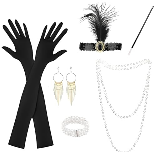 YUVKIN KEWUZY 6 Teiliges 1920 Zubehör Set, Great Gatsby Party Kostüme Damen mit Flapper Stirnband, Handschuhen, Perlenkette und Ohrringen für Halloween Weihnachten