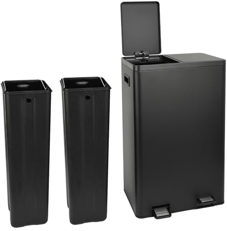 SVITA TMH2X30 Mülleimer 60L Mülltrennsystem 2 Fächer 2x15L Softclose-Deckel Pedal versteckbar Kunststoff Inneneimer | Pulverbeschichteter Stahl Schwarz