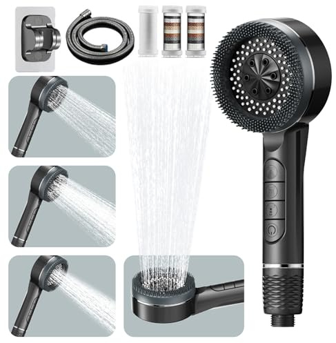 Hard Water Filter Shower Head, High Pressure Shower Heads with Hose and Shower Stand, 4 Mode Power Showerhead with Pause Switch, Handheld Massage Shower Filter for Residual Chlorine Removal (Grey)