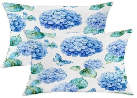 Hydrangea Throw Pillow Covers Set of 2, Floral Watercolor Butterfly Leaf Spring Blue Soft Velvet Washable Pattern Pillow Covers for Home Living Room Bedroom Dorm Couch Decor 20x12 Inch