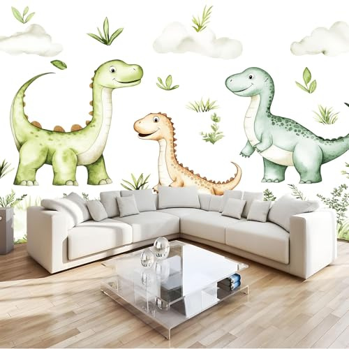 Carta da Parati Fotomurale XXL 250 x 175 cm, Poster Murale 3D in Tessuto Non Tessuto per Parete TV Corridoio e Soggiorno, Decorazione Interni di Grande Impatto Bianco Carino Dinosauri Prateria Piante