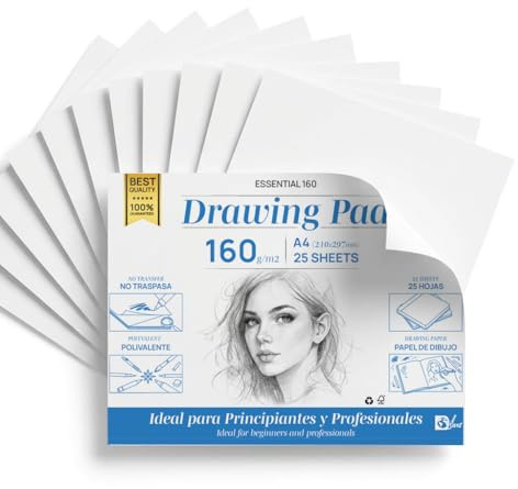 SIDI - Bloc de Dessin A4 Professionnel 160g/m², Papier Sketchbook, Papier Épais Sans Transfert, Pour Crayon, Feutres et Croquis, Surface Lisse, 25 Feuilles (ESSENTIAL 160, 25 feuilles)