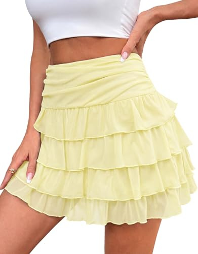 Adigaber Women’s Mini Skirt Ruffled High Waisted with Shorts | Short，Tulle，Safety Lining，Mesh，Elasticated Waist，Solid Color，Printed，Tummy control，Breathable，Party ，Vacation