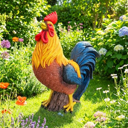 Relaxdays trädgårdsfigur – höna och stolt tupp, väderbeständig trädgårdsdekor, djurfigur i polyresin, 37 cm, färgglad