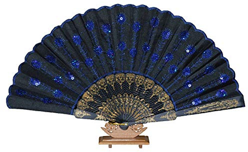 Handfächer Tanzfächer Taschenfächer Taschenfächer Stofffächer Klappfächer Deko Glitzer (Blau)