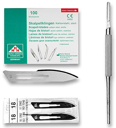 May Skalpell Set - 100 Sterile Skalpellklingen Figur 25 aus Karbonstahl, einzeln verpackt - Inkl. Edelstahl Skalpellhalter Nr. 4 (runder Griff) - Einwegklingen für Basteln, Modellbau & Fußpflege | Professionelles Schneidewerkzeug. Exakte Linienführung für Hobby und Kosmetik.