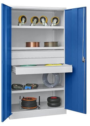 Pavoy | Schwerlastschrank | Höhe 1950 mm | 3 Fachböden | 3 Schubladen à 125 mm | grau/blau