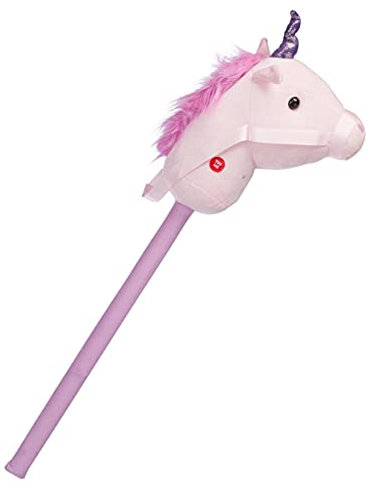 Relaxdays 10023852 Steckenpferd Einhorn, mit Sound, aus Holz & Plüsch, niedliches Stockpferd, Wiehern & Hufgetrappel, 74 cm, rosa