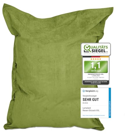 Lumaland Pouf géant de Luxe | Intérieur XXL Pouf avec Housse Lavable | 140cm x 180cm | Grand Coussin pour Enfants & Adultes | Sac intérieur Rechargeable incluant 380 litres de Billes EPS [Vert]