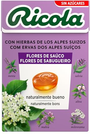 Ricola - Flor de Saúco, Caramelos Duros Sin Azúcar, 50 g | 13 Hierbas Suizas, Mentol, Refresca, Suaviza la Garganta, con Edulcorantes, Sabor Flor de Saúco, Uso Diario, 50 g