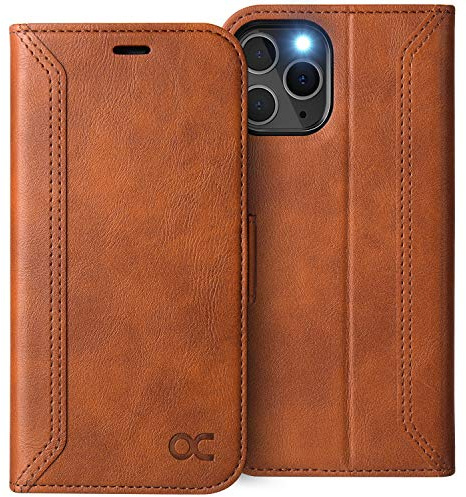 OCASE Hülle für iPhone 12/12 Pro Handyhülle Retro Braun | Premium PU Leder Kartenfach Magnetverschluss Lederhülle RFID Schutzhülle Klapphülle Case Cover Etui