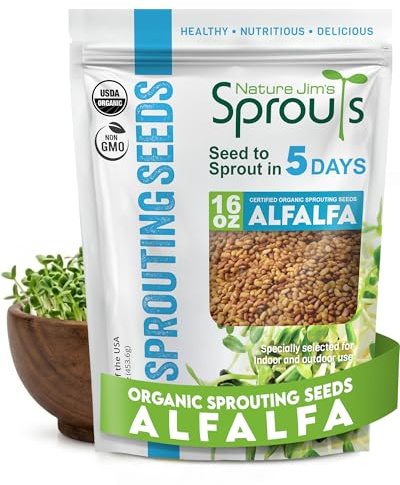Nature Jims Sprouts Alfalfa Seeds – Non-GMO Organic Sprout for Growing & Planting – Premium Resealable Bag for Fresh Homegrown Sprouting Seeds – Rich in Nutrients, Vitamins, Fiber & Minerals – 16oz