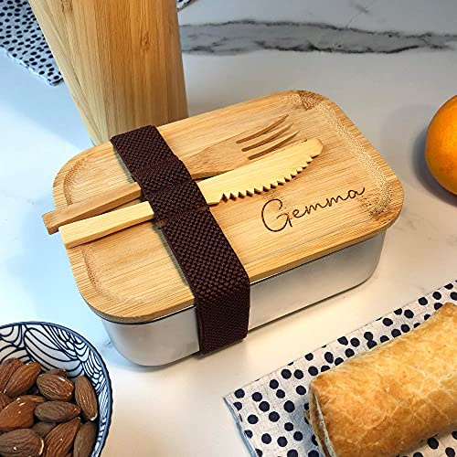 eBuyGB Personalised Metal Wooden Lunch Box, Eco Friendly Food Container with Reusable 2 Piece Wooden Cutlery and Lid, Kids Lunch Bag, Lunch Containers, School Dinner Box