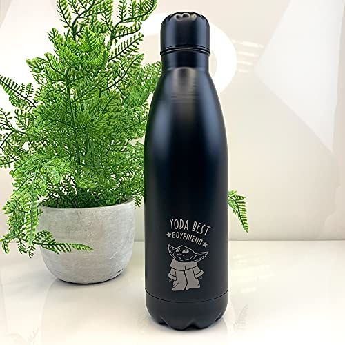 eBuyGB Bouteille d'eau personnalisée en acier inoxydable de 790 ml, noir mat, bouteille Star Wars, cadeau amusant pour partenaire (Yoda Best Boyfriend)