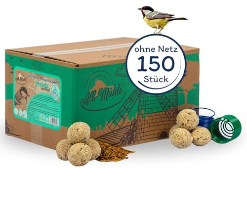 Lyra Pet® | 150 Meisenknödel aus der ALB-MÜHLE Protein ohne Netz + 2 Spender | Wildvogelfutter für Sommer & Winter | Energiequelle für Gartenvögel | Proteinreiches Fettfutter mit Mehlwürmern