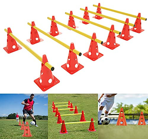 YRHome 6er Steckhürdenset Agility Ausrüstungs Set für Koordinationstraining, Hunde Set Agility Training Zubehör-12 Mehrzweckkegel & 6 Stangen Höhenverstellbar Multifunktionales Kombinationen