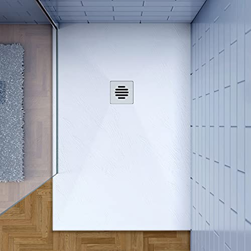 piatto 90x140cm Bianco in Pietra Artificiale e Resina Mista, Piletta e Tubo | Bianco, Effetto, Ardesia Ruvido,