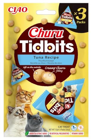 INABA Churu Tidbits Snack für Katzen, Hühnchen mit Thunfisch - 3 Packungen x 12 g - weicher Snack mit cremiger Füllung - Katzenfutter ohne Konservierungsstoffe oder künstliche Farbstoffe, grainfrei