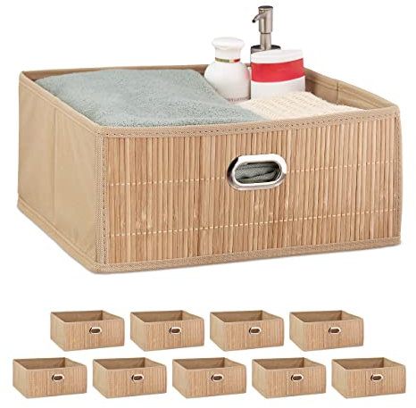 Relaxdays 2 Cestos Almacenaje Bambú, Cesta Cuadrada Tela Baño, Caja Estante, 14 x 31 x 31 cm, Plegable, Marrón Natural