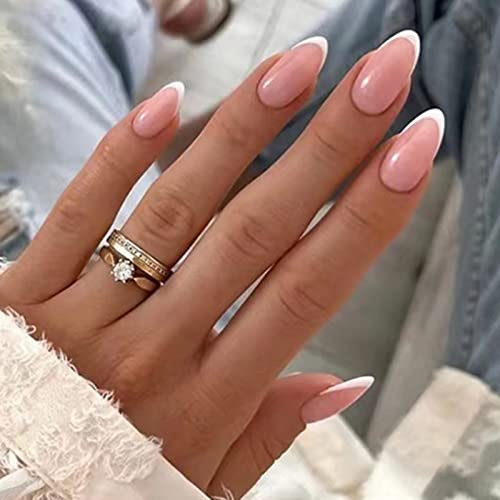 JUSTOTRY 24 Stück Mandel Nägel Zum Aufkleben Kurz,Weiß French Press on Nails,Pink Oval Kunstnägel Fake Nails, Acryl Fingernägel Künstliche Nägel Mittel für Frauen