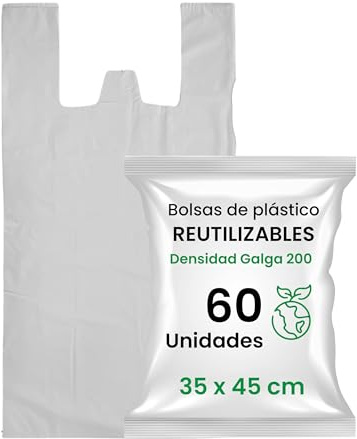 Sacs en plastique résistants | Emballage Réutilisables et recyclés | 70 % recyclés conformes à la réglementation, adaptés à l'usage alimentaire | Galga 200 (35 x 45 blanc)