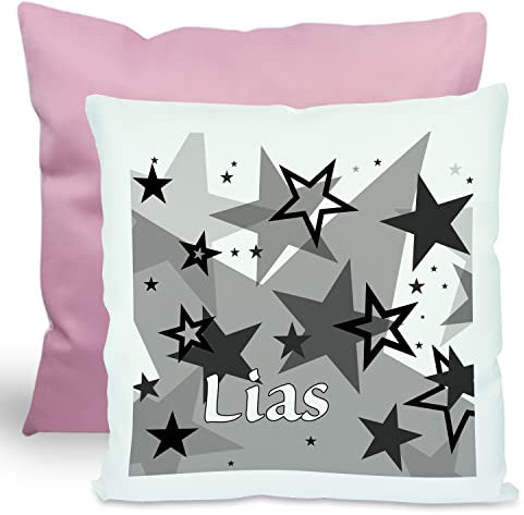 CreaDesign, Kinder Kissen 40x40 cm personalisiert mit Namen, Kinderzimmer Deko Kissen Kinder mit Füllung Federn, Motiv Sterne schwarz, Rückenfarbe Rosa