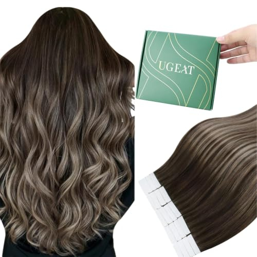 Ugeat Tape in Extensions Echthaar Braun Blond 55 cm 50G 20 Stück #4/18/4 | Remy Tape Extensions, Balayage Dunkelbraun mit Aschblond, Für zusätzliche Länge, weicher Fall, Seidige, für Frauen