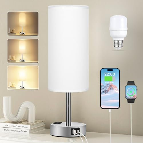 Kakanuo Nachttischlampe Touch Dimmbar, Tischlampe mit USB A+C+Steckdose Ladefunktion, Lampenschirm aus Leinenstoff, Lampe für Nachttisch Wohnzimmer Schlafzimmer Kinderzimmer Büro(Inklusive Birne)