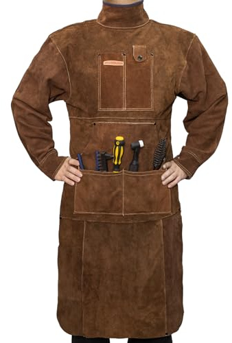YESWELDER Leather Welding Apron with Sleeve and 6 Pockets, Heat Flame Resistant Cowhide Welder Apron, Brown, X-Large