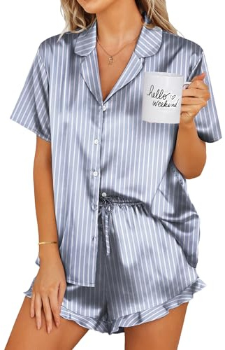 Ekouaer Silk Pajamas Womens Short Sleeve Sleepwear 2 Piece Satin Pjs Shorts Set Button Down Loungewear Striped Grey Blue M