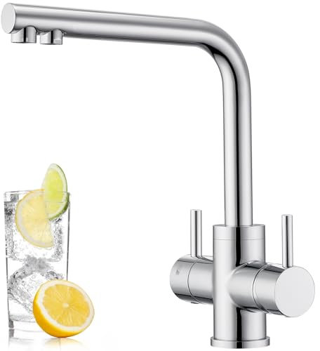 CREA Robinet Cuisine Osmose 4 Voies, Robinet Cuisine Osmoseur avec Soda,Haute Pression, Mitigeur Cuisine Trois Voies Pivotant à 360°, Robinet Évier de Cuisine avec Sortie Eau Filtrée, Chrome