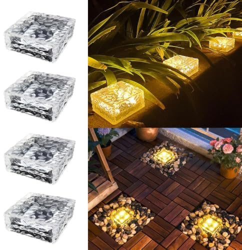 HIQE-FL Solar Pflastersteine Außenleuchte,Dekoration Lichter für Garten | 4Pcs Solarsteine für Außen Garten Wasserfest,10X10X5cm,LED Solar Bodenleuchten Solarlampen Außen,Balkon,Pfad